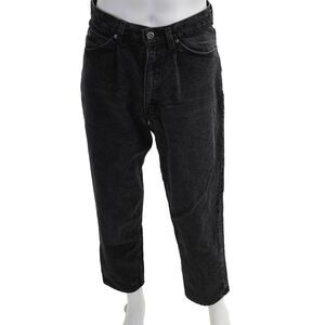 Designer Mens Cropped Straight Jeans Black Cotton Blend Button Fly Size 33
